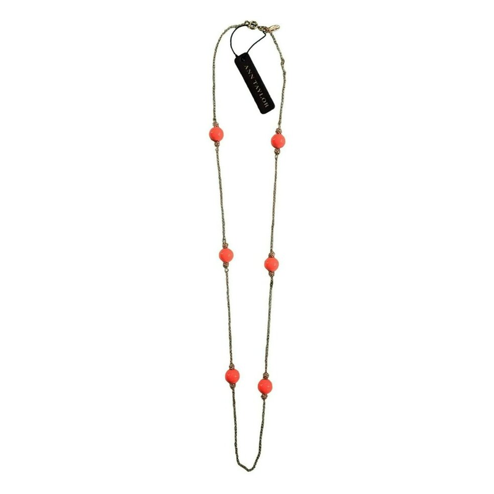 Ann Taylor Long Chain Necklace With Coral Colored Beads & Gold-Tone Accents